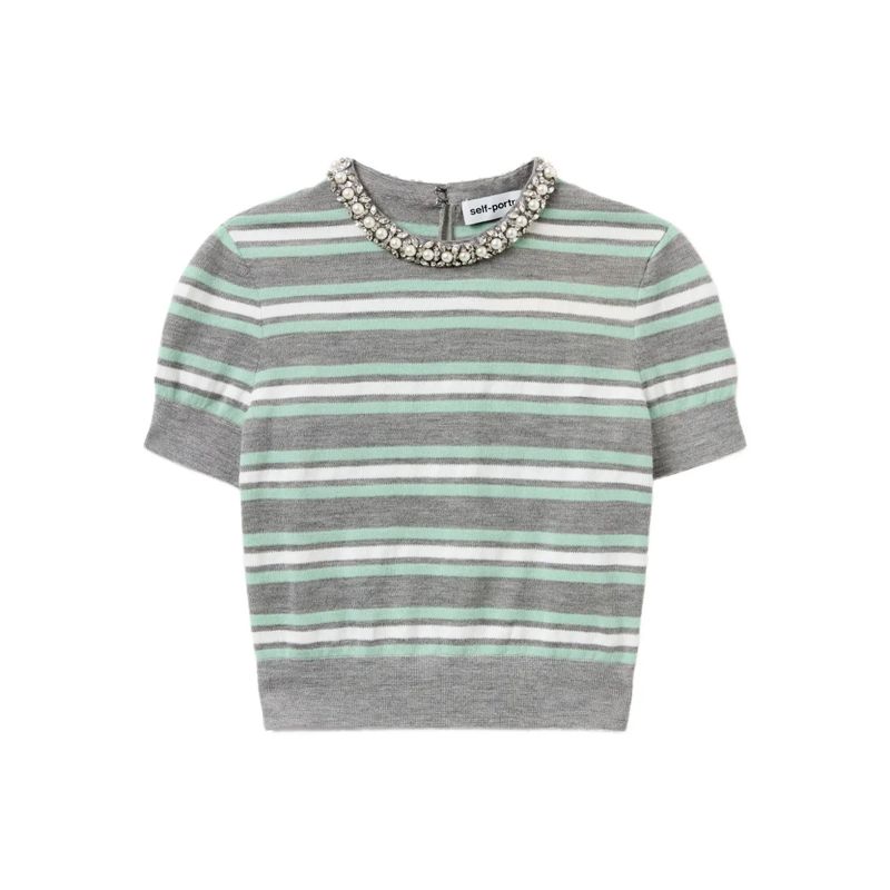 Self-Portrait Women Grey Striped Sweater With Crystal Trim